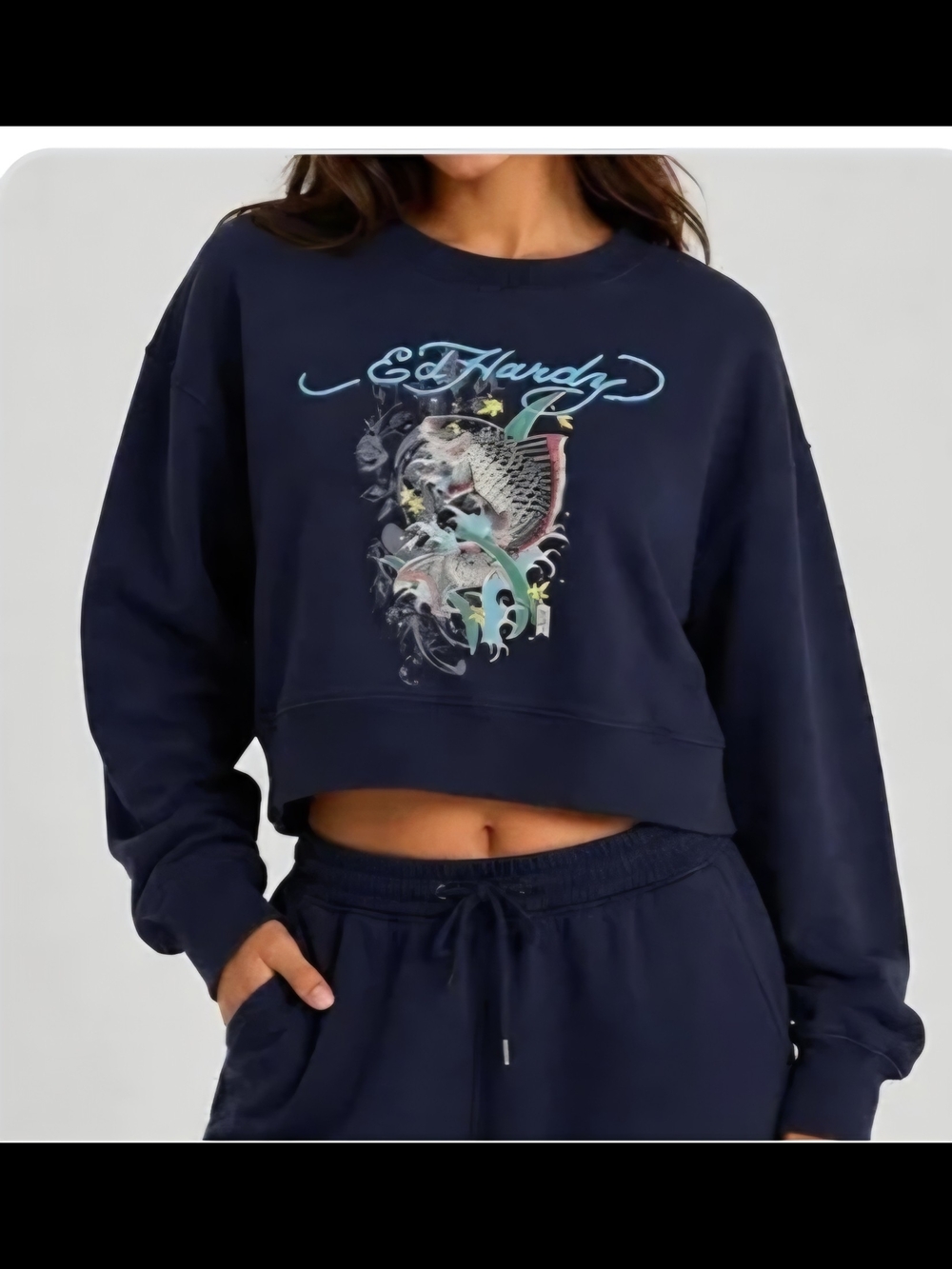 Ed Hardy Navy Cropped Graphic Sweatshirt